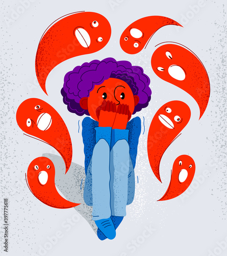 Phobia of ghosts and spirits paranormal vector illustration, boy scared in panic attack surrounded with imaginary ghosts flying around him, psychology and psychiatry.