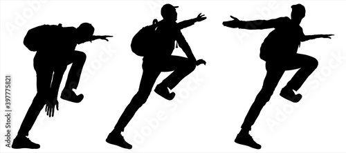 Man extends a helping hand. Hiking. Climber with a backpack on back and a baseball cap. Guy pulls hand down. Tourist climbs up the slope. Black male silhouettes are isolated on a white background.