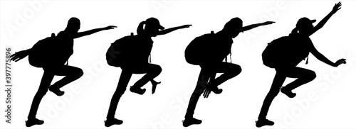 Tourist climbs up the slope. Woman extends a helping hand. Hiking. Climber with a backpack and a baseball cap. Girl pulls hand down. Four black female silhouettes are isolated on a white background.
