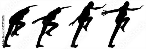 Climber climbs up the slope. Girl pulls her hand down. Woman extends a helping hand. Rescuer. Hiking. Overcoming obstacles in mountaineering. Black silhouettes are isolated on a white background.