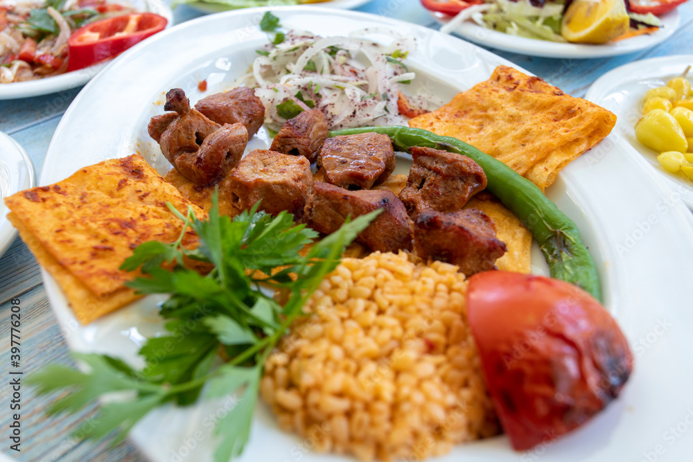 meat shish kebab in a plate with appetizers meat shish kebab in a plate with appetizers