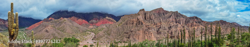 Panoramic photo of the landscape view from archaeological monument at Pucara of Tilcara - old pre inca ruins - Jujuy, Argentina. Quebrada de Humahuaca