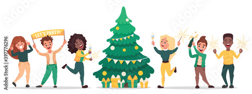 People celebrating New Year or Christmas party. Cartoon character design celebrating the holiday with decorations around fir tree. Friends meeting up together. Vector cartoon flat illustration
