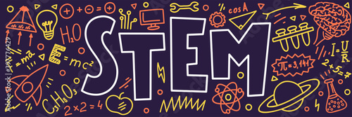 STEM. Science, technology, engineering, mathematics. Science education doodles and hand written word "STEM"