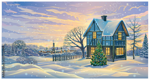 Festive winter landscape with a festively decorated house and decorated Christmas tree in in rural areas.