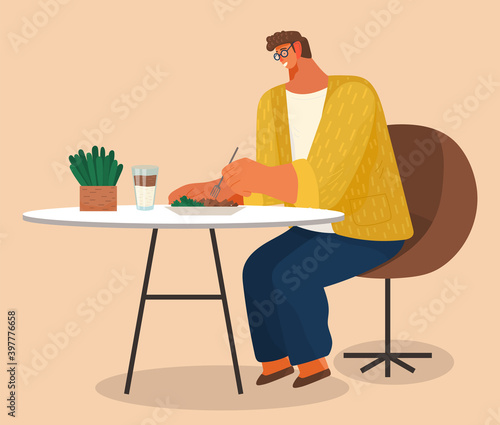 Young stylish man in glasses sitting on soft armchair at home at a table eating salad vector illustration. Male character having lunch in a restaurant. A lonely visitor has dinner in a cafe