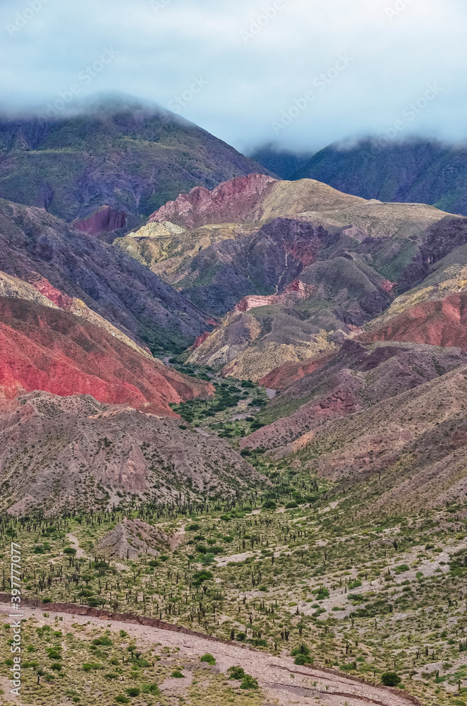 Photo of the landscape view from archaeological monument at Pucara of Tilcara - old pre inca ruins - Jujuy, Argentina. Quebrada de Humahuaca