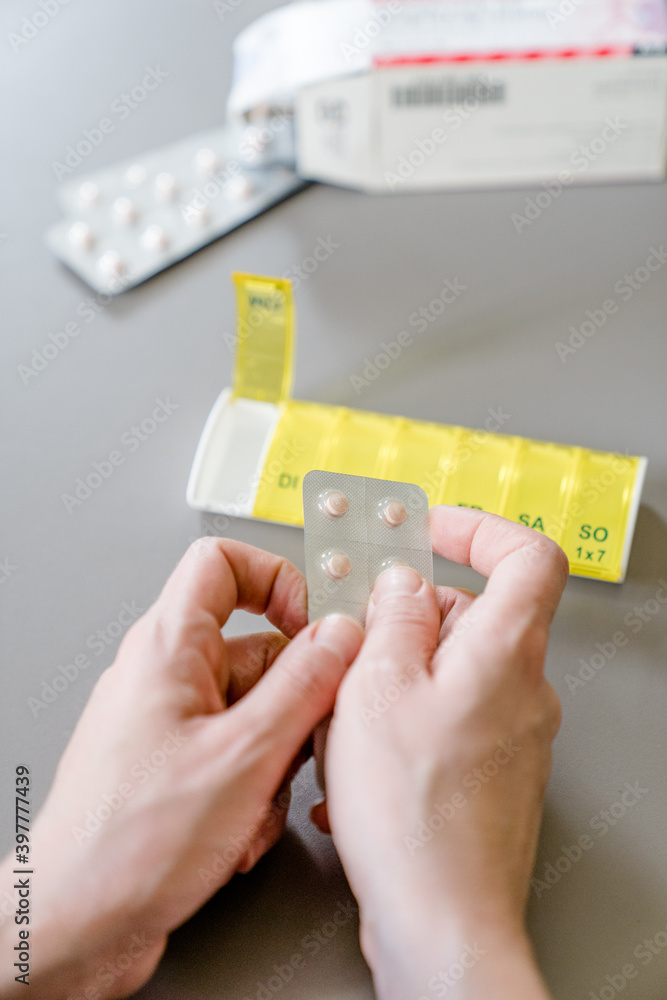 Medicine Drugs Various medicines. Pads, capsule blisters, glass vials with liquid medicine
