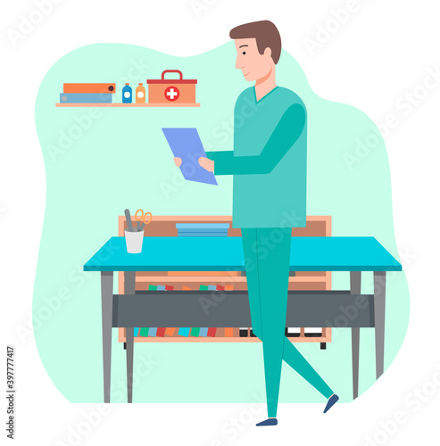 The doctor in the medical office holding test results in his hand. Health protection concept. Therapist male character in medical green clothes in the hospital examines patient survey flat design