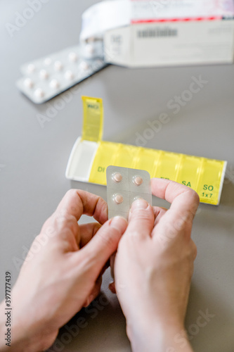 Medicine Drugs Various medicines. Pads  capsule blisters  glass vials with liquid medicine 