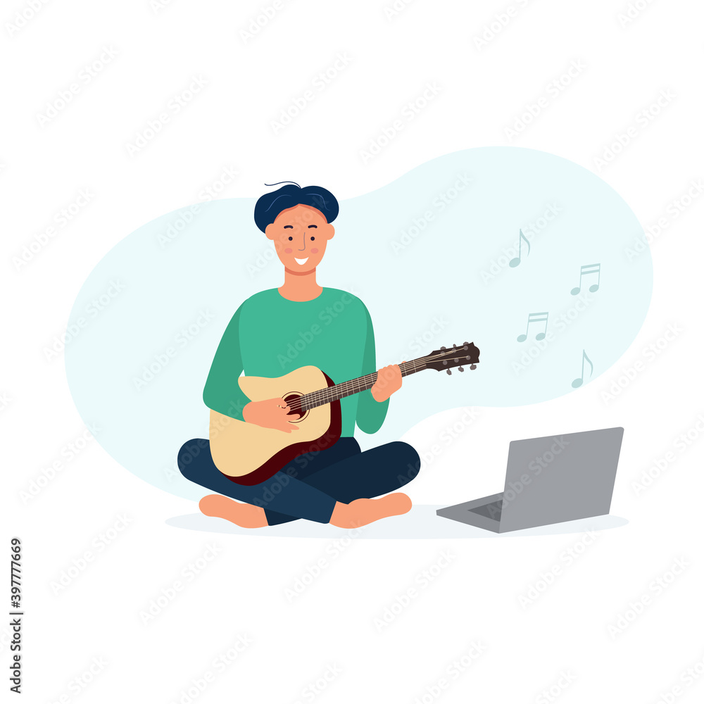 Music online learning.
The young man is engaged in online music, studying the guitar. Vector flat illustration.