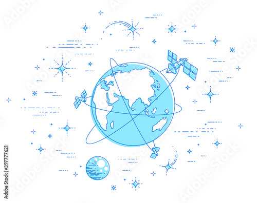 Earth in space, our planet in huge cosmos surrounded by artificial satellites, stars and other elements. Global communication technology theme. Thin line 3d vector illustration isolated on white.