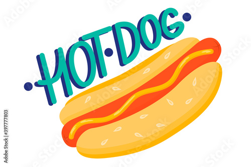 The hot dog icon with the inscription is isolated on a white background. American fast food for snacking. Sausage with mustard in a sesame bun. Vector illustration..