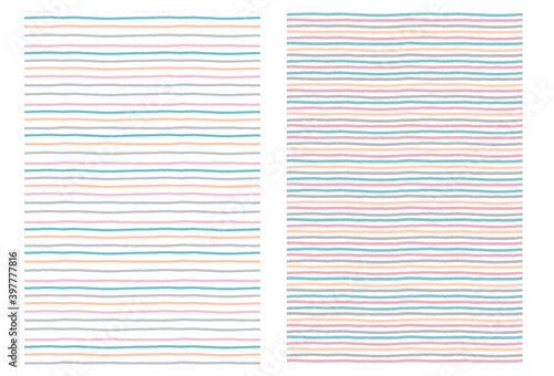 Vector subtle background with blue, orange and pink thin stripes for kids nursery room. Seamless pattern for with simple colored lines.