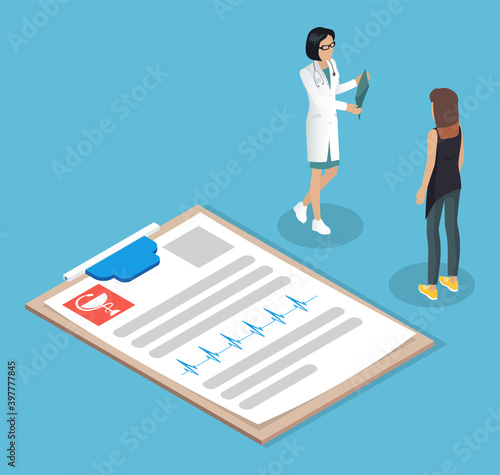 Female doctor consultation vector illustration with patient medical record. Medical consultation between doctor and her patient woman in clinic. Female doctor holding an x-ray of a girl patient