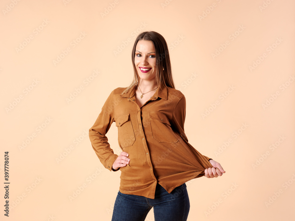 Beautiful young woman with cheerful fitness and casual clothes Beautiful young woman with cheerful fitness and casual clothes
