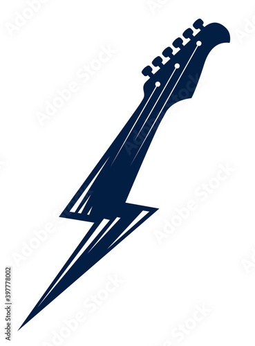 Electric guitar headstock in a shape of lightning, hot rock music, Hard Rock or Rock and Roll concert or festival label, night club live show band performance, vector logo.