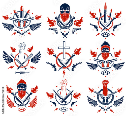 Anarchy and Chaos aggressive emblem or logo with strong clenched fist, aggressive skull, bullets and guns, weapons and different design elements , vector tattoo, rebel and revolutionary.