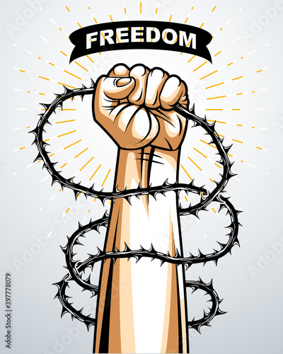 Slavery theme illustration with strong hand clenched fist fighting for freedom against blackthorn thorn, vector logo or tattoo, through the thorns to the stars concept.