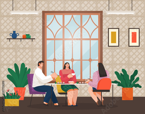 Young happy people eating sushi in restaurant together. Male and female characters friends holding sticks sitting at table with japanese food. Meeting, weekend leisure cartoon flat vector illustration