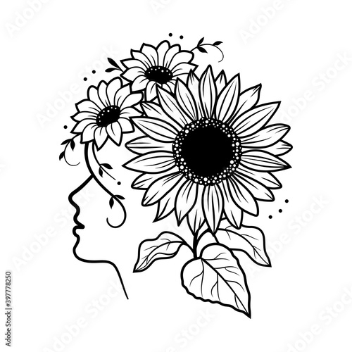 Sunflower vector. Silhouette of a girl face and a wreath of sunflowers on her head. Black and white illustration for print T-shirts, poster, card, etc. Vector illustration