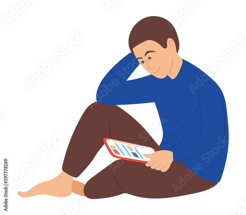 Man sitting on the floor at home and correspondence surfing the Internet. Male character communicating through network on the tablet. Social media network communication digital gadget addiction