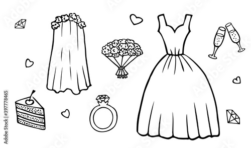 Wedding items, attributes of the bride, veil and dress, diamond engagement ring. Hand drawn outline sketch. Black and white.