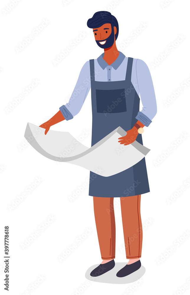 Male worker in a printing studio isolated on white. Man in uniform holds a stack of large sheets of paper. Employee of a printing house at work prepares paper for a printing machine or plotter