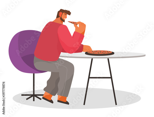 Young bearded man sitting on modern chair at a table eating pizza vector illustration. Stylish male character having lunch in a pizzeria on white background. A lonely visitor has dinner in a cafe