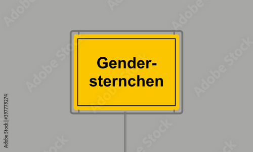 Gelbes Ortsschild mit dem Wort Gendersternchen vor grauem Hintergrund