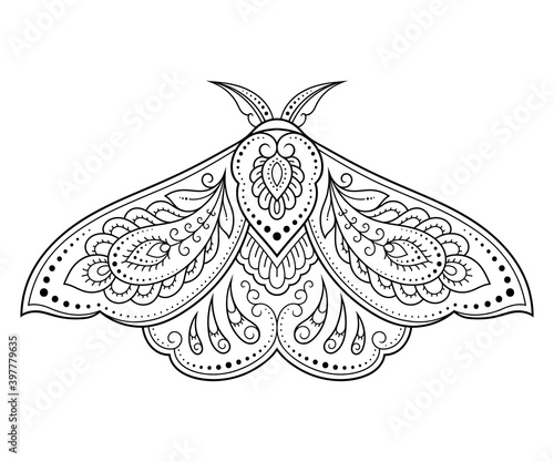 Moth decorated with Indian ethnic floral vintage pattern. Hand drawn decorative insect in doodle style. Stylized mehndi ornament for tattoo, print, design for room, cover, book and coloring page.