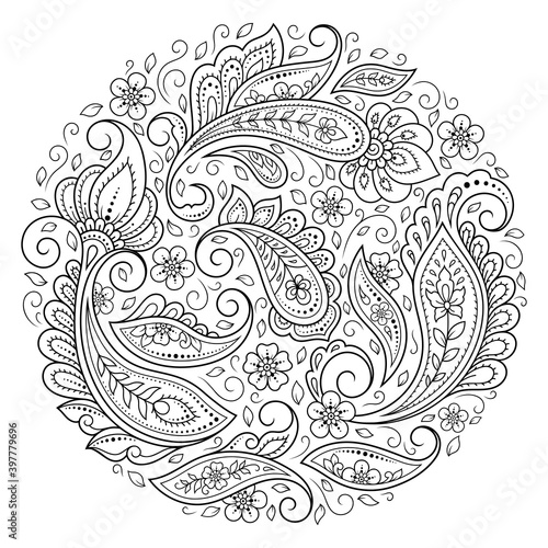 Outline round flower pattern in mehndi style for coloring book page. Antistress for adults and children. Doodle ornament in black and white. Hand draw vector illustration.