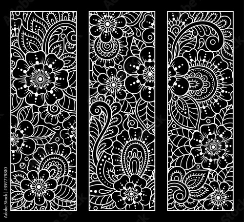 Printable bookmark for book - coloring. Set of black and white labels with flower patterns, hand draw in mehndi style. Sketch of ornaments for creativity of children and adults with colored pencils.