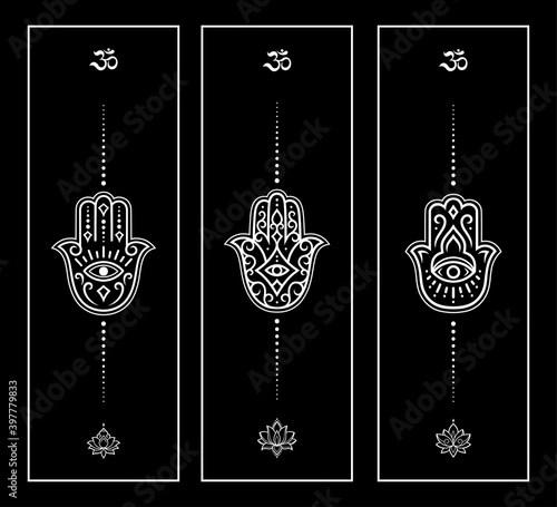 Set of design yoga mats. Lotus floral pattern, OM and Hamsa in oriental style for decoration sport equipment. White ethnic Indian ornaments for coloring on black. Decor of card, poster, print.