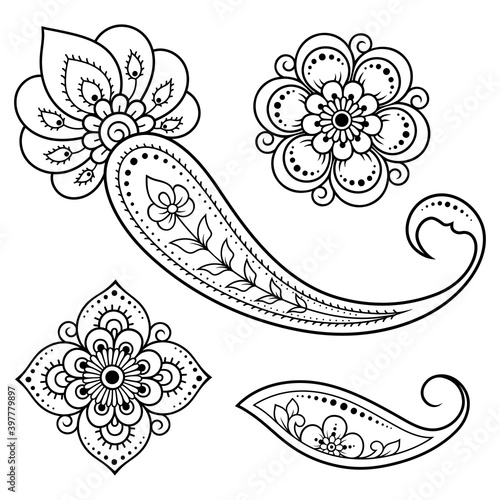 Set of Mehndi flower pattern and mandala for Henna drawing and tattoo. Decoration in ethnic oriental, Indian style. Doodle ornament. Outline hand draw vector illustration.