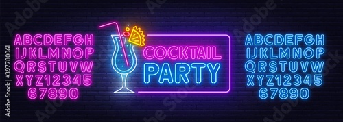 Cocktail Party neon sign on brick wall background. Blue and pink neon alphabets. Template for the design.