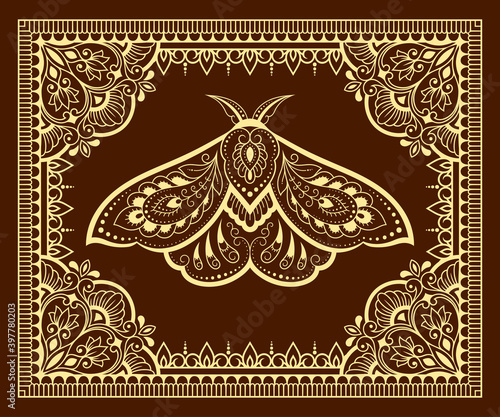 Stylized with henna tattoos decorative pattern for decorating covers book, notebook, casket, postcard and folder. Mandala, flower, moth and border in mehndi style. Frame in the eastern tradition.