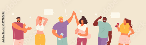 Active happy people in sportswear. Healthy lifestyle and body positive vector illustration