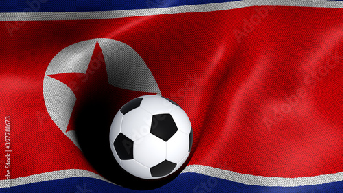 3D rendering of the flag of North Korea with a soccer ball