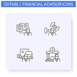 Financial advisory line icons set. Including asset allocation, real estate, accounting and more. Finance consulting. Capital management and improvement. Isolated vector illustrations. Editable stroke 