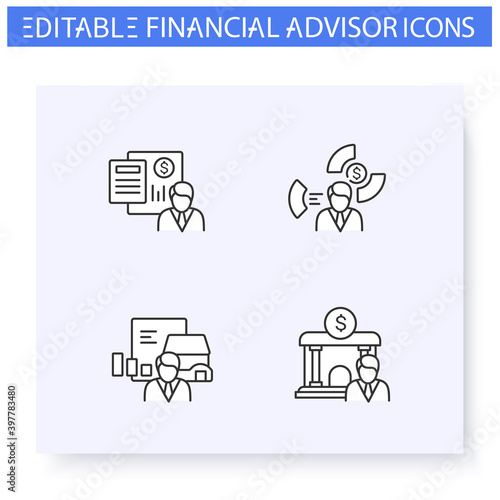 Financial advisory line icons set. Including asset allocation, real estate, accounting and more. Finance consulting. Capital management and improvement. Isolated vector illustrations. Editable stroke 