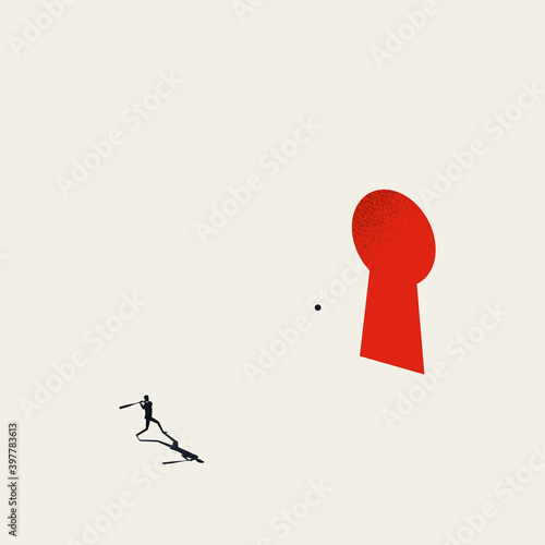 Business solution vector concept. Businessman hitting baseball with bat into hole. Symbol of achieving goals, targets.