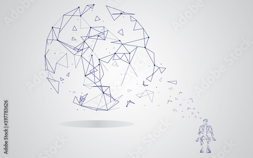 Man integrates into the global network using artificial intelligence. Vector isolated on gray background. For ai vector design and low poly. Abstract concept vector