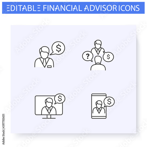 Financial advisory line icon set.Including remote consulting,finance advisor,consultation and more.Finance consulting.Capital management and improvement. Isolated vector illustrations.Editable stroke 