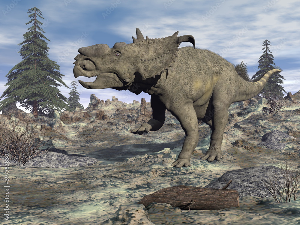 Fototapeta premium Pachyrhinosaurus dinosaur walking in a prehistoric landscape - 3D render