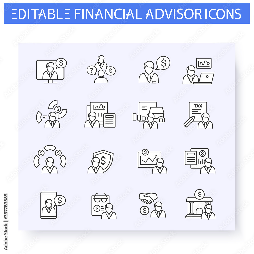 Financial advisory line icon set. Including stockbroker, insurance agent, tax preparer and more. Finance consulting. Capital management and improvement. Isolated vector illustrations. Editable stroke 