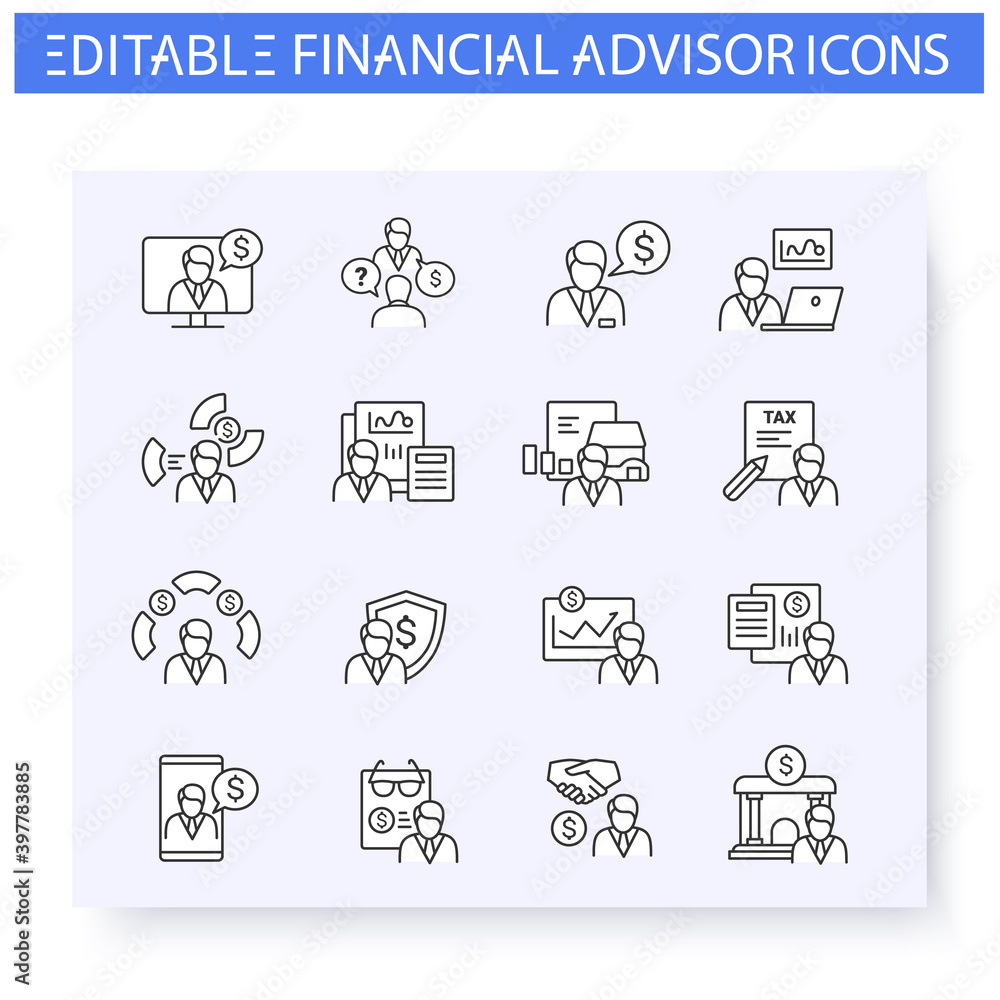 Obraz premium Financial advisory line icon set. Including stockbroker, insurance agent, tax preparer and more. Finance consulting. Capital management and improvement. Isolated vector illustrations. Editable stroke 