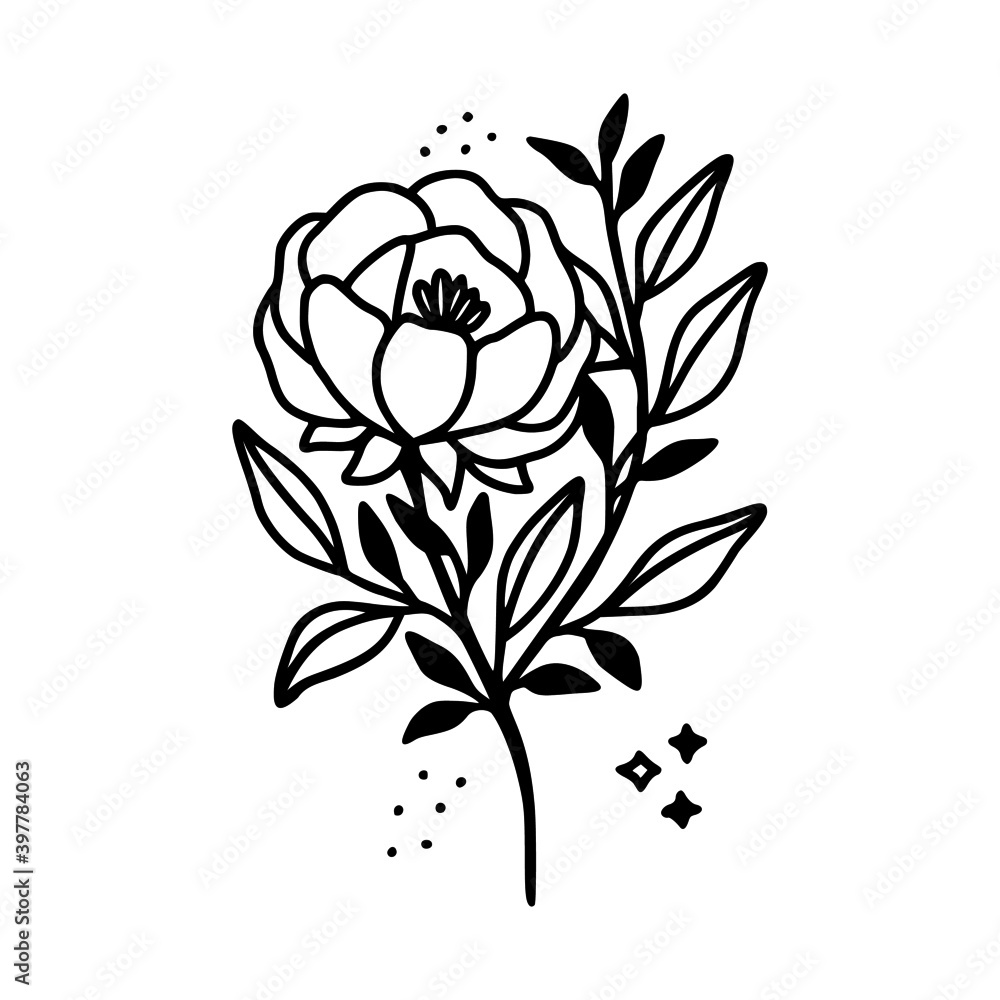 Hand drawn rose, peony flower and botanical leaf branch illustration. Black line art vector feminine logo. Symbol and icon for wedding, business card, cosmetics, jewel, brand, and beauty products Hand drawn rose, peony flower and botanical leaf branch illustration. Black line art vector feminine logo. Symbol and icon for wedding, business card, cosmetics, jewel, brand, and beauty products