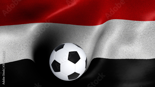 3D rendering of the flag of Yemen with a soccer ball