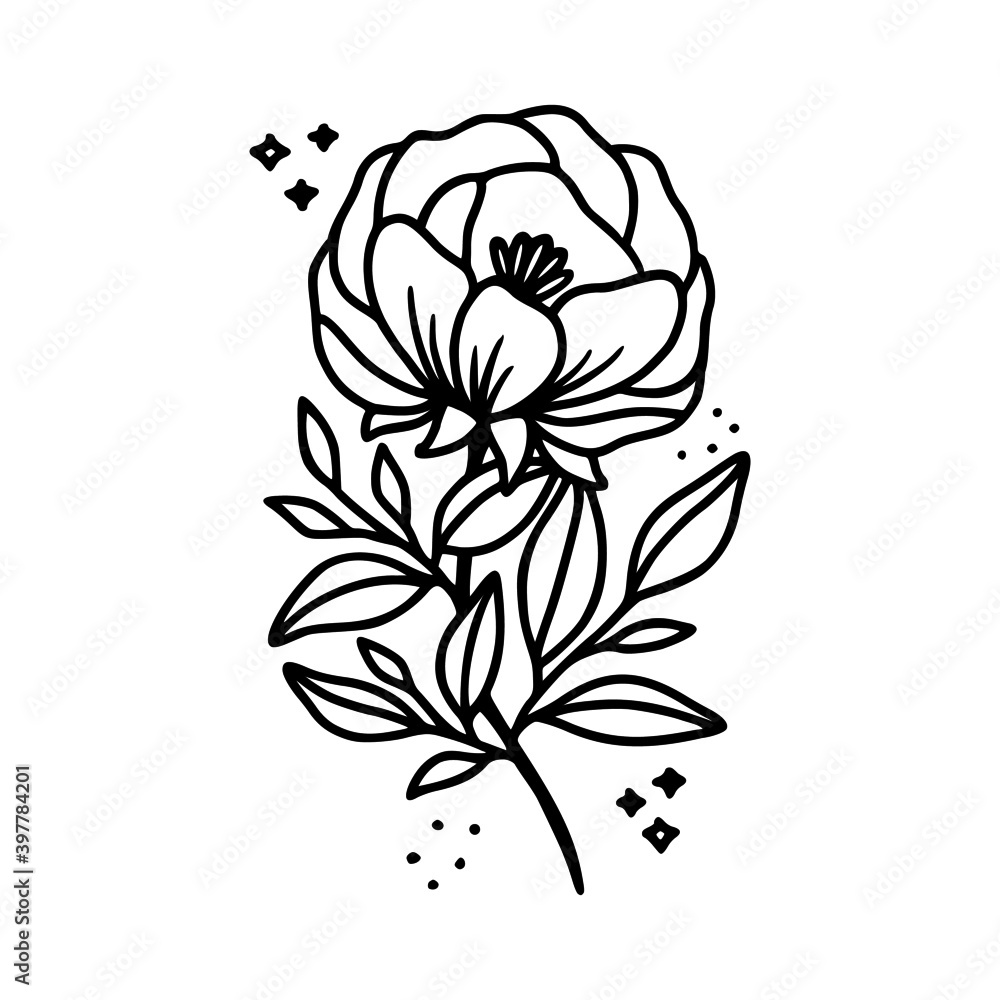 Hand drawn rose, peony flower and botanical leaf branch illustration. Black line art vector feminine logo. Symbol and icon for wedding, business card, cosmetics, jewel, brand, and beauty products Hand drawn rose, peony flower and botanical leaf branch illustration. Black line art vector feminine logo. Symbol and icon for wedding, business card, cosmetics, jewel, brand, and beauty products